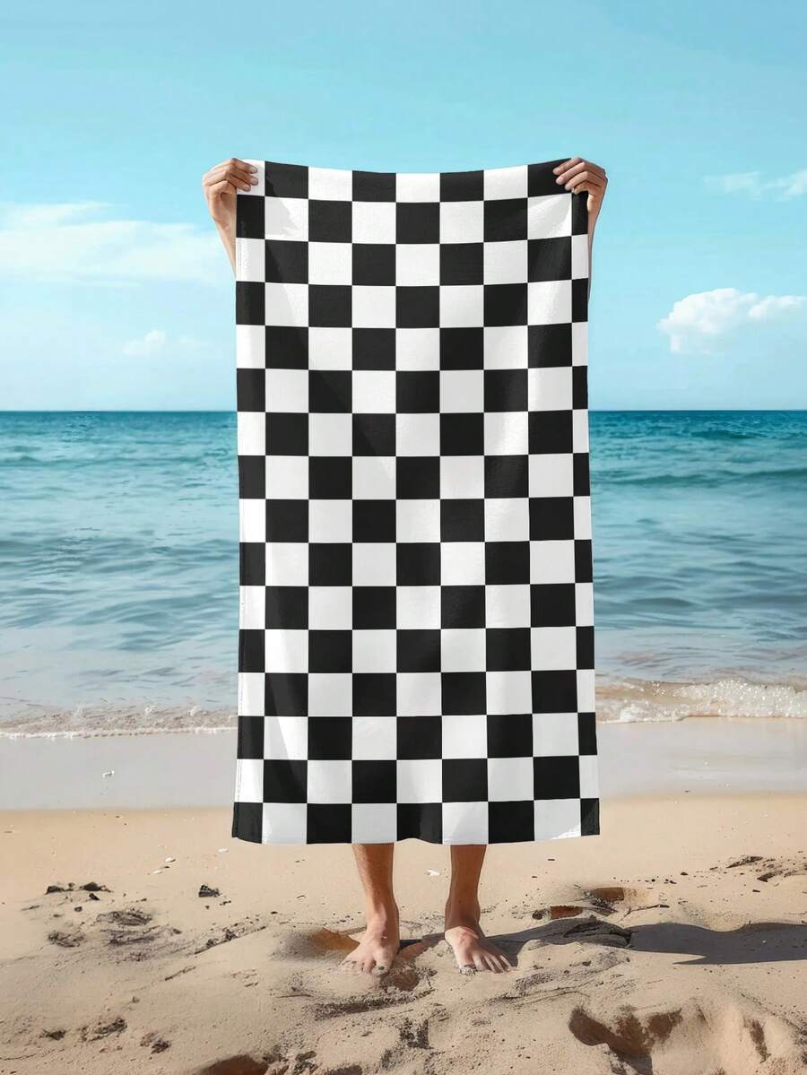 1条黑白马赛克图案沙滩巾，采用超柔软针织面料，卡通主题现代风格，长方形速干游泳旅行巾，男女通用，非常适合海滩、泳池、瑜伽、露营等场合。 - 黑色 - 查看 1