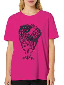 Plus Size Women's T Shirt Linocut Owl Graphic Casual Shortsleeve Crew Neck Top, Relaxed Fit Crew Neck Plus Size Tee, Comfortable Fit For Spring And Summer, Women's Tshirt, Machine Washable T Shirt, Comfortable Fit - 粉色 - 查看 2