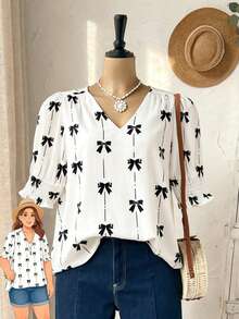 Chemise ample à manches courtes avec imprimé nœud, pour grandes tailles, idéale pour les vacances - Blanc - Voir 1