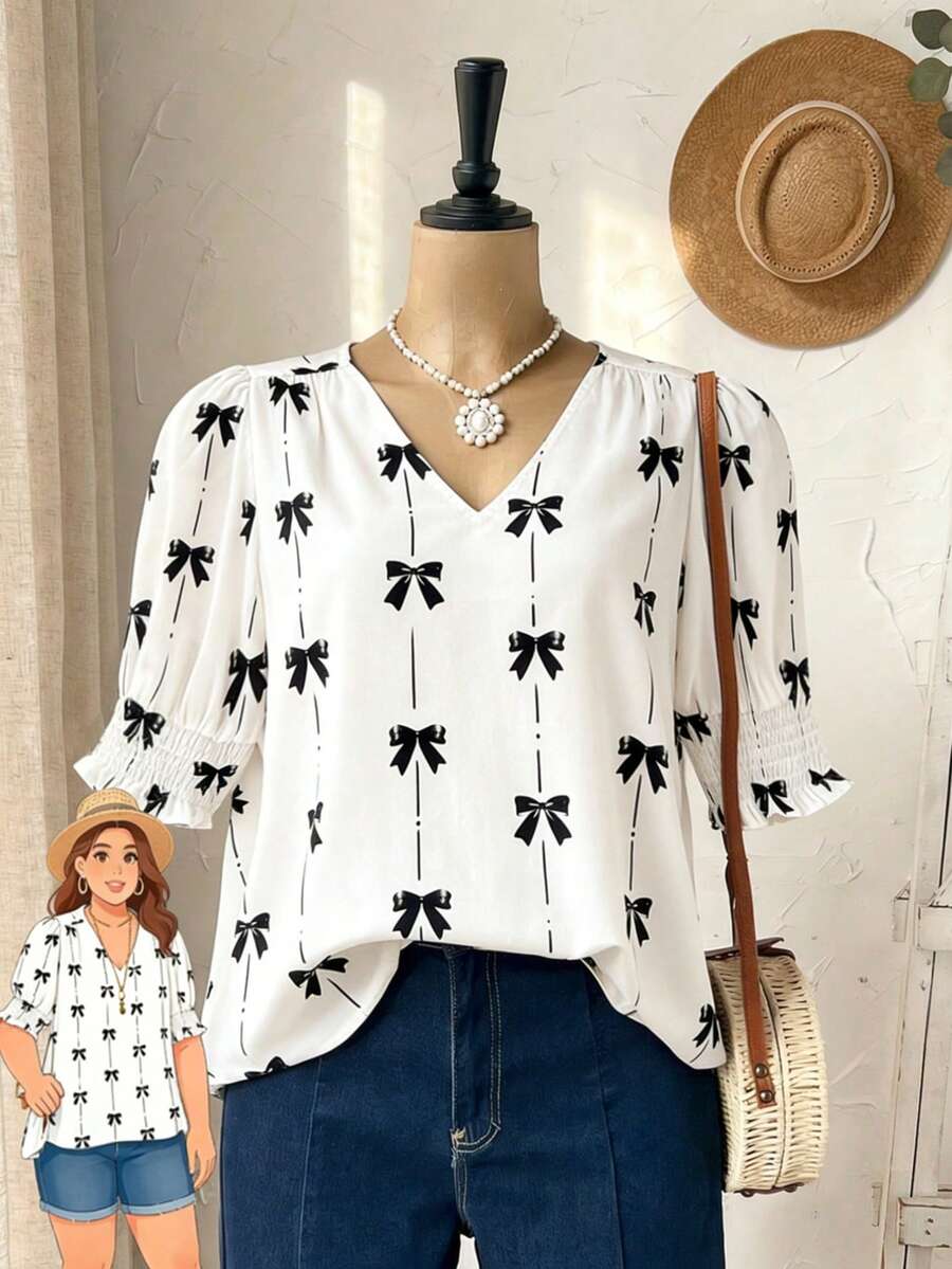 Chemise ample à manches courtes avec imprimé nœud, pour grandes tailles, idéale pour les vacances - Blanc - Voir 1