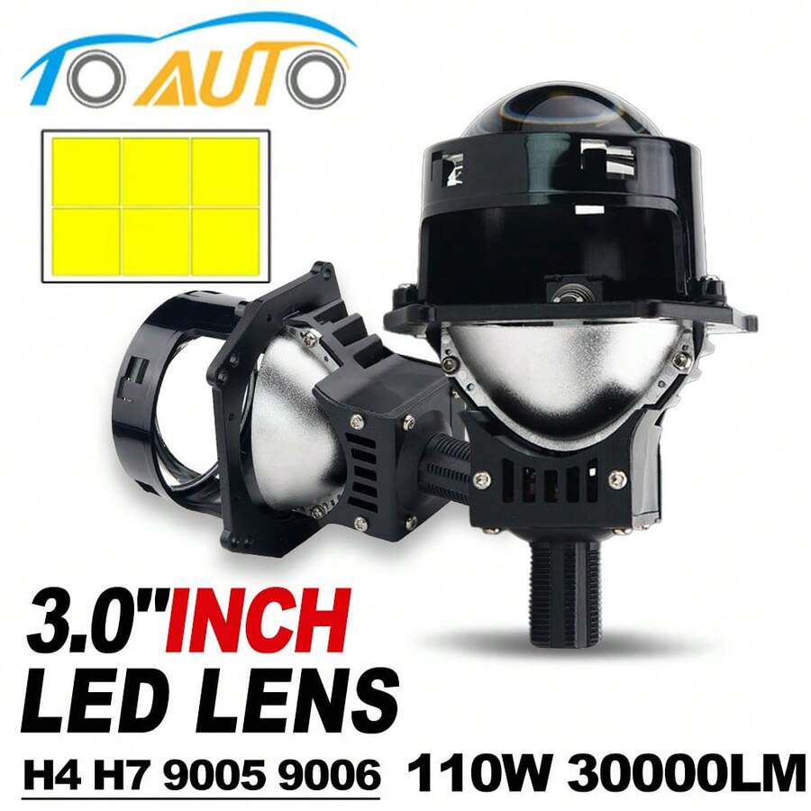 TOAUTO 2个110W 3.0英寸双LED投影透镜，适用于汽车前大灯，无损安装，30000流明，兼容H4、H7、9005、9006灯泡，远近光通用型汽车前大灯改装套件