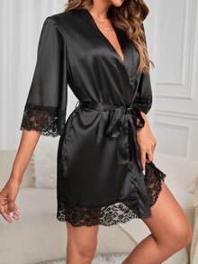 1pc Lace Trim Loose Satin Robe, Bridesmaid Gift & Wedding Party Sleepwear, Lace Trim Kimono Style Long Robe With Tie Belt, Summer Casual Loungewear, Back To School Pajamas, Soft Bathrobe & Homewear - Black - View 3