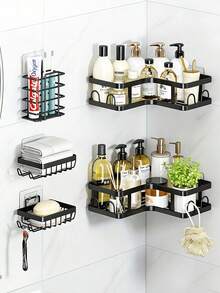 5pcs Bathroom Shelf Organizer Set, Wall Mounted & Countertop Storage Rack, Multifunctional No Drill Shelves For Toilet, Cosmetic, Bathroom Accessories - 5-piece Bathroom Shelf Set - View 2