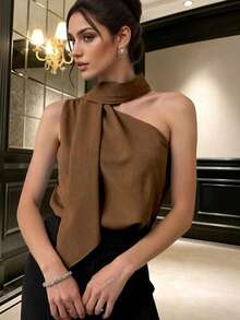 Satin One-Shoulder Blouse With Elegant Butterfly Knot Tie At The Neck, Perfect For The Office. - 鏽棕色 - 查看 3