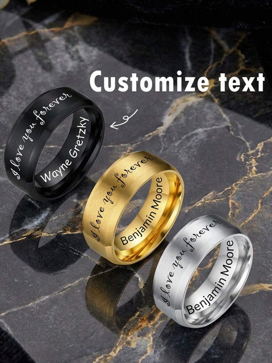 1 pieza Anillo de acero inoxidable con texto de nombre personalizado grabado con láser, regalo unisex para amigos, Acción de Gracias y Navidad - 004 Personalización del anillo exterior e interior - Ver 1