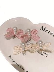 4个柔软珍珠蝴蝶结发夹，少女风侧刘海夹，高端流苏发夹，法式缎面发夹 - 彩色 - 查看 8