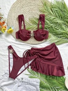 3-Piece Solid Color Tankini Swimwear Set, Wide Strap Design With Underwire For Comfortable Support, Fashionable Beach Style, Perfect For Summer Beach & Pool Parties Vacation White - 紅色 - 查看 4