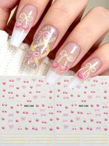 3/2Pcs 3D Cherry Bow Nail Stickers, Summer Fresh Mint Cherry Bow French Nail Art Design, Y2K Cute And Sweet Nail Decoration Self-Adhesive Paper, DIY Nail Salon Nail Supplies - Multicolor - View 3