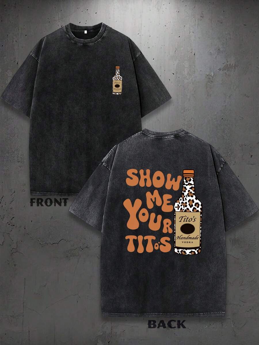 Y2K Vintage Vintage Style, Tito's Vodka Enthusiast, Leopard Print Elements, SHOW ME YOU TITOS Humorous Text Memes, Washed Double-Sided Printed Vintage T-Shirt..…. Retro Loose T-Shirt, Men's Casual Style T-Shirt, Machine Washable And Washable Old T-Shirt; Cool Design Pattern T-Shirt, Durable And Comfortable Fabric, Street Fashion Sense, A Must-Have For Street Style Enthusiasts, Top-Level Sportswear, Suitable For Summer Daily Commuting, Dating, Leisure Matching, Suitable For Holiday Gift Giving, The First Choice For Gift Giving. - Black - View 1