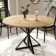 Mesa redonda de comedor de 120 cm - Para 4 personas - Diseño de pedestal, estilo rústico - Madera robusta, ideal para restaurantes modernos - Hierro negro + color madera natural - Ver 3