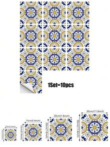 1 Set 10 buah Stiker Ubin Meksiko Tempel Sendiri, Stiker Dinding Perekat Tahan Air, Stiker Ubin Geometris Bunga Boho Vintage untuk Kamar Mandi, Dapur, Ruang Cuci, Anak Tangga, Dekorasi Dinding yang Mudah Dilepas dan Ramah untuk Penyewa - Biru Emas Mediterania - View 10
