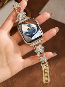 Watch Strap Women's Gold Chrysanthemum Flower Full Diamond Bracelet Compatible With Apple Watch Band 38/40/41/42/44/45/46/49mm, Luxury Chain Strap, Easy To Adjust, Suitable For Ultra/SE/Series 11/10/9/8/7/6/5/4/3/2/1, Summer Women's Accessory,Watch Strap Accessories - Gold - View 5