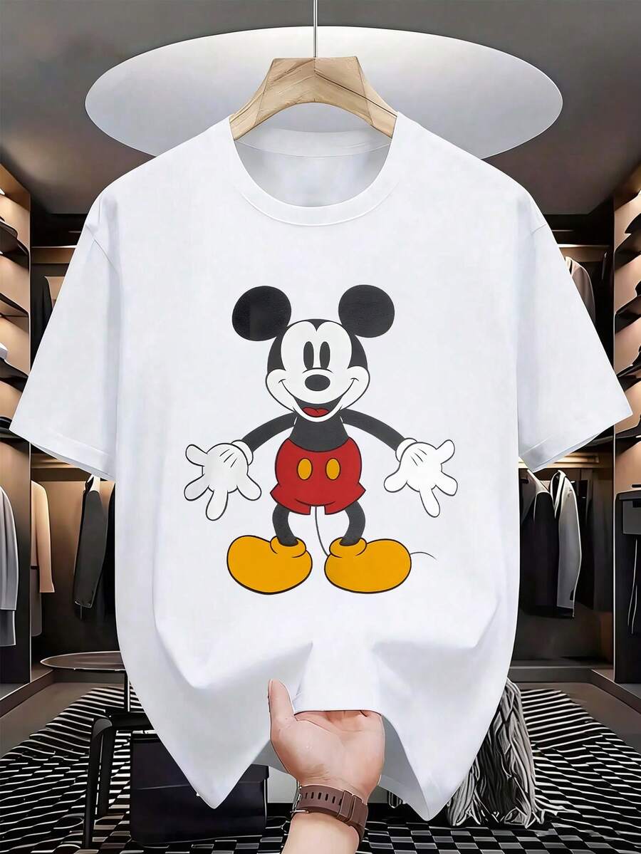 Disney Classic  Image Men's Casual T-Shirt Basic Cartoon Print White Short Sleeve Daily All-Match Loose Crew Neck Top - 白色 - 查看 1