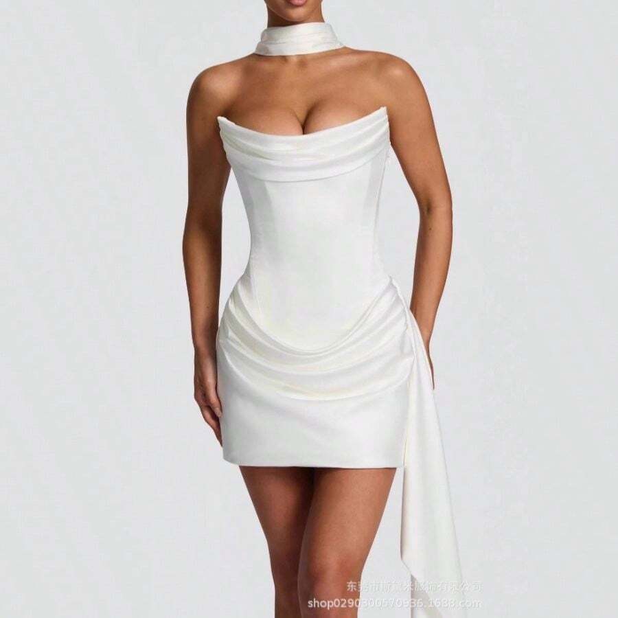 SDM191 Temperament Tube Top White Short Satin Sleeveless Dress With Fishbone Original Product - 米白色 + XS - 查看 1
