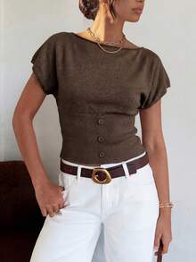 HoloChill Women Off-Shoulder Batwing Sleeve Knit Top, High Stretch Fabric, Button Detail, Regular Length, Asymmetric Hem, Summer Blouse, Women's Spring Clothing, Women's Holiday Party Top, Women's Beach Outfit, Women's Casual Outerwear, Women's Elegant Summer Vacation Wear - Coffee Brown - View 7