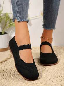 Autumn Women All Season Knit Mary Jane Flat Shoes, Solid Color Slip-On Round Toe Shoes, Fabric Upper & Lining, Rubber Outsole, Handwash Supported - 黑色 - 查看 3
