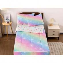 NTBED - Juego de ropa de cama con cierre estampada de arcoíris para niños y niñas juego de edredón ligero de microfibra con purpurina con fundas de almohada ajustadas - Rosa y amarillo - Ver 1