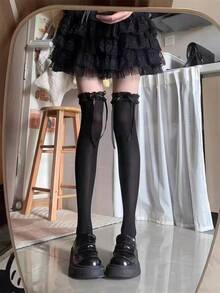 2 Pairs Lolita Socks With Ribbon Bow Trim, Sweet Velvet Over-The-Knee Long Socks, Thin For Spring/Summer - Multicolor - View 4