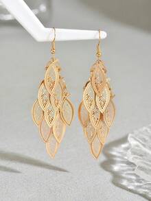 1对女士时尚简约9片镂空叶子设计耳环，百搭日常佩戴 - 金色-E1391 - 查看 3
