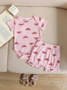 Bộ áo liền quần và quần short dễ thương cho bé gái sơ sinh, phối nhiều màu sắc, trang phục mặc hàng ngày cho bé tập bò, mùa hè. - Hồng - Xem 8