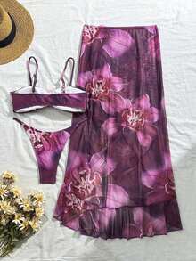 3pcs Women's Floral Print Elegant Sexy Backless 3D Flower Beach Dress Bikini Set, Spring/Summer Vacation - 薄荷藍 - 查看 10