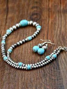 Retro Turquoise Necklace Vintage Western Country Earrings Set Female Ancient Silver Color Beaded Jewelry Set - 彩色 - 查看 6