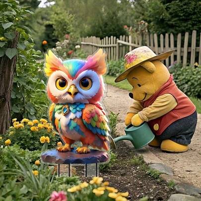 2D扁平彩色猫头鹰亚克力花园插牌，理想礼物，花园装饰，光线捕捉器，可堆叠产品，适用于11种节日标志性庭院装饰，2D扁平