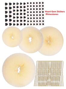 4pcs Hair Bun Shaper Set With Extra-Large, Large, Medium, Small Donut Hair Bun Maker, 20pcs Large Bobby Pins, Cream Color And 84pcs Heart Gem Stickers Rhinestones For Crafts - Multicolor - View 15