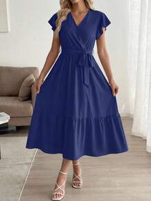 A Summer Bohemian Floor-Length, Short-Sleeved, V-Neck, Flowing Wedding Dress For Guests - Màu xanh lam - Xem 2