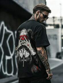 Camiseta masculina de manga curta casual de verão, estilo vintage com estampa de caveira escura, gola redonda, tecido de poliéster, ideal para esportes e atividades físicas. - Preto - Ver 2