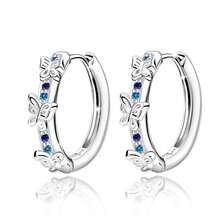 纯银防过敏女士耳环，镶嵌立方氧化锆双环蝴蝶耳环，时尚精致，适合作为生日礼物。 - 銀色 - 查看 1