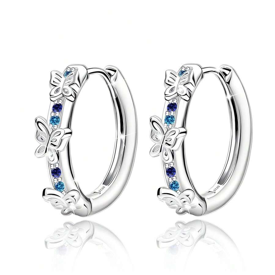 纯银防过敏女士耳环，镶嵌立方氧化锆双环蝴蝶耳环，时尚精致，适合作为生日礼物。 - 銀色 - 查看 1