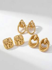 3 Pairs/Set Fashionable Minimalist Delicate Gold Metal Geometric Earring Set, Suitable For Casual, Vacation, Date, Party And Event Wear, Summer Beach Holiday Earring Set - Gold - View 10