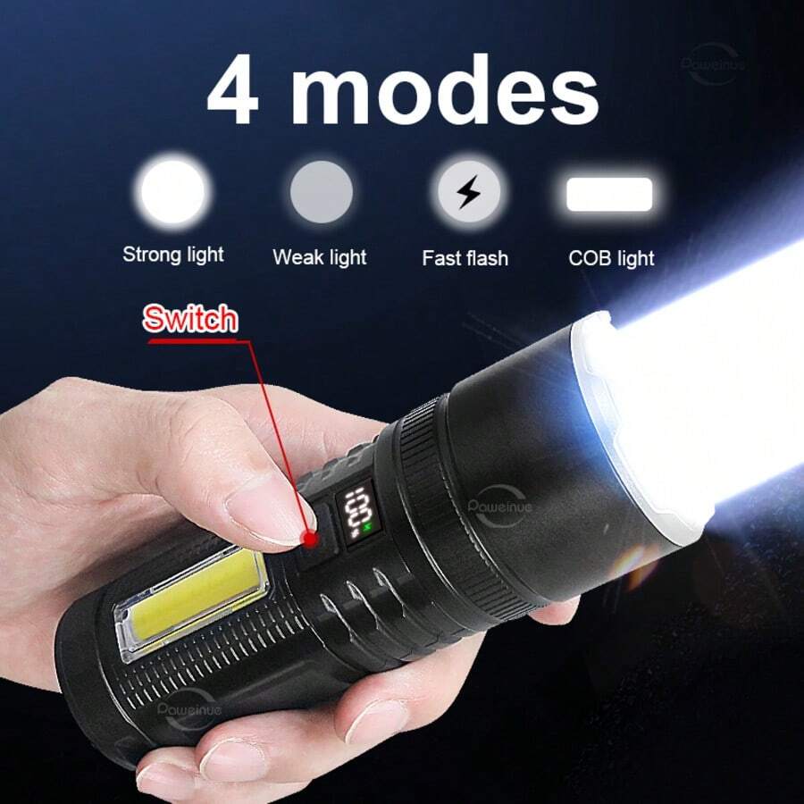 1 Đèn pin LED siêu sáng độ sáng cao, tích hợp pin, công suất 30W LED + COB, đèn pin LED hợp kim nhôm ánh sáng mạnh, 4 chế độ chiếu sáng, đèn pin LED có thể điều chỉnh tiêu cự, đèn cắm trại ngoài trời, đèn chiếu sáng an toàn, đèn pin chiếu xa, đèn pin sạc chống nước với màn hình hiển thị kỹ thuật số, chức năng sạc dự phòng, dùng cho cắm trại, câu cá, leo núi, săn bắn, đạp xe, leo núi, công việc, trường hợp khẩn cấp, sử dụng tại nhà.