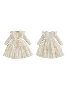 Toddler Dress Girls Ruffle Long Sleeve Layered Tulle Dress Fall Spring Fashion Party Dresses 3-10T, Kids Holiday Birthday Wedding Outfit - 杏色 - 查看 10
