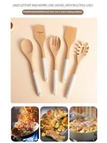 5pcs Wooden Cooking Utensil Set, Heat Resistant Non-Stick Cookware Spatula, Ladle, Slotted Spoon, Round Spoon, Slotted Spatula, Pasta Server, Salad Fork, Kitchen Tools - Multicolor - View 11