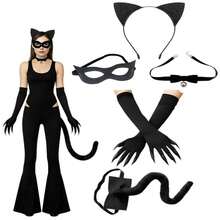 6pcs Sexy Black Cat Costume Set - Includes Headband, Glasses, Collar, Gloves, Tail, Suitable For Halloween Theme Parties, Gatherings And Events - Black - View 1