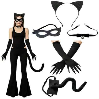 6pcs Sexy Black Cat Costume Set - Includes Headband, Glasses, Collar, Gloves, Tail, Suitable For Halloween Theme Parties, Gatherings And Events