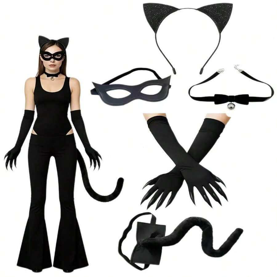6pcs Sexy Black Cat Costume Set - Includes Headband, Glasses, Collar, Gloves, Tail, Suitable For Halloween Theme Parties, Gatherings And Events - Black - View 1