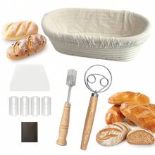 9 piezas Juego de herramientas para hornear pan, Canasta de fermentación ovalada y redonda con batidor de masa, espátula y lama para pan, kit completo de horneado de pan con masa madre para panaderos caseros - - - Ver 2