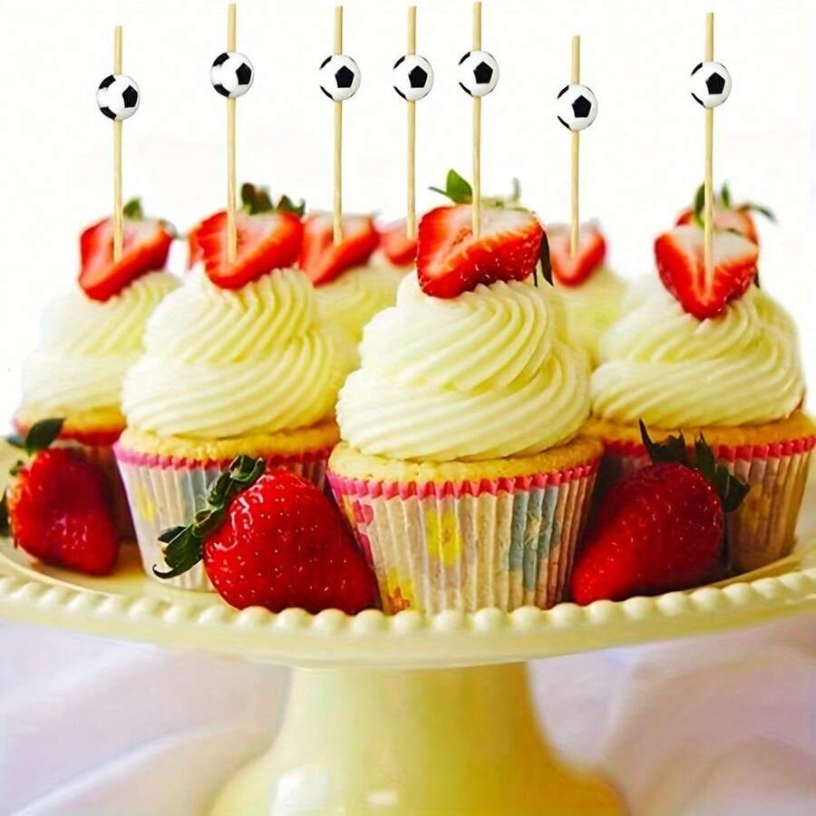 100pcs/Pack Disposable Black & White Football Shaped Cocktail, Sushi, Fruit Picks, Cocktail Bamboo Skewers, Themed Party, Wedding, Cake, Dessert Toothpicks - A - View 1