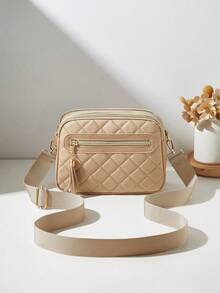 1pc Women's Casual Crossbody Bag, 4 Zipper Design, Solid Color Personalized Fashion Rhombus Pattern, Comfortable Handheld And Shoulder Strap, Large Capacity, Suitable For Travel, Shopping, Commuting - Khaki - View 4