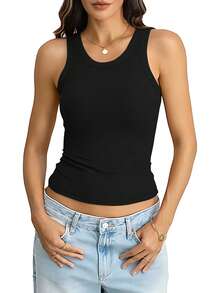 Sports Bra Vest With Non-Removable Padding - Seamless, Wire-Free Design Suitable For All Seasons, Yoga, Running, And Gym Wear. Vest With Built-In Bra, Fall Women's Wear. - 黑色 - 查看 6