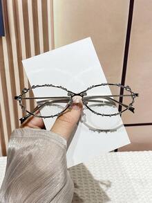 Rhinestone Oval Eyeglasses Frame, Niche Elegant Non-Prescription Glasses Metal Minimalist Selfie Glasses - Multicolor - View 4