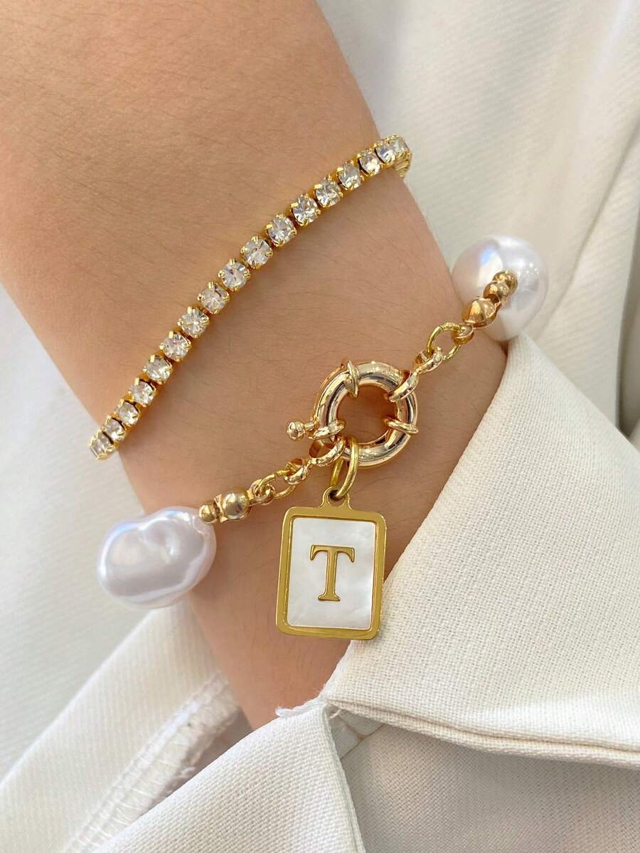 1 Pieza Pulsera de mujer con cadena de perlas, cierre de rosquilla y colgante de 26 letras. Lujo exquisito y discreto, estilo suave, ideal para uso diario o como regalo. - Multicolor - Ver 1