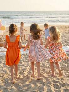 Set de 3 piezas de vestidos para niñas con estampado floral + estampado a rayas + cuello cuadrado y puño acanalado de unicolor, adecuado para uso casual, al aire libre, vacaciones en la playa, ropa de verano para niñas - Multicolor - Ver 5