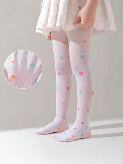 1 Pack Colorful Heart Print Girls Slim Fit Tights, Lightweight Breathable Pantyhose
