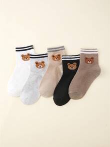 5 Pairs Kids Socks, Cartoon Bear Design, Fashionable & Dirt-Resistant Children Socks, Student Socks - Multicolor - View 1