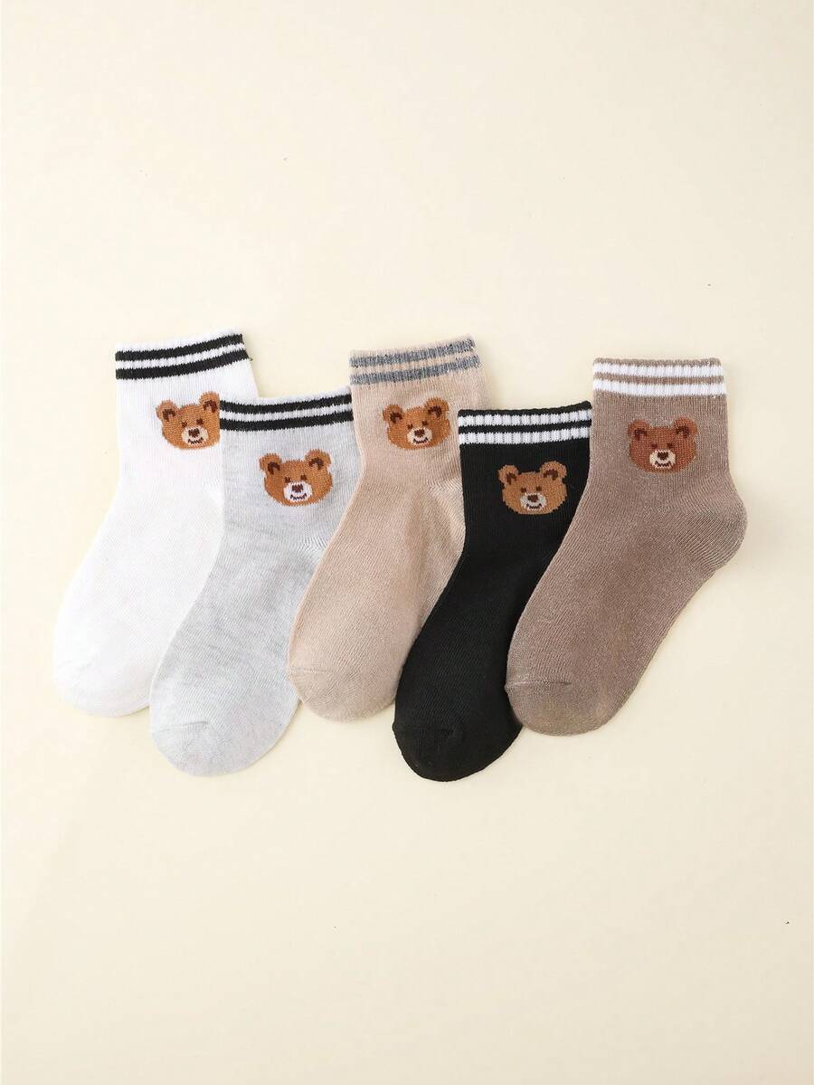 5 Pairs Kids Socks, Cartoon Bear Design, Fashionable & Dirt-Resistant Children Socks, Student Socks - Multicolor - View 1