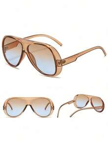 1PC New Vintage Design Oversized Square Fashion Glasses, High-End Street Party Holiday Daily Casual Glasses, Beach Accessories Women, Summer Beach Vacation Outdoor Travel Glasses D2MJ - 棕色 - 查看 2